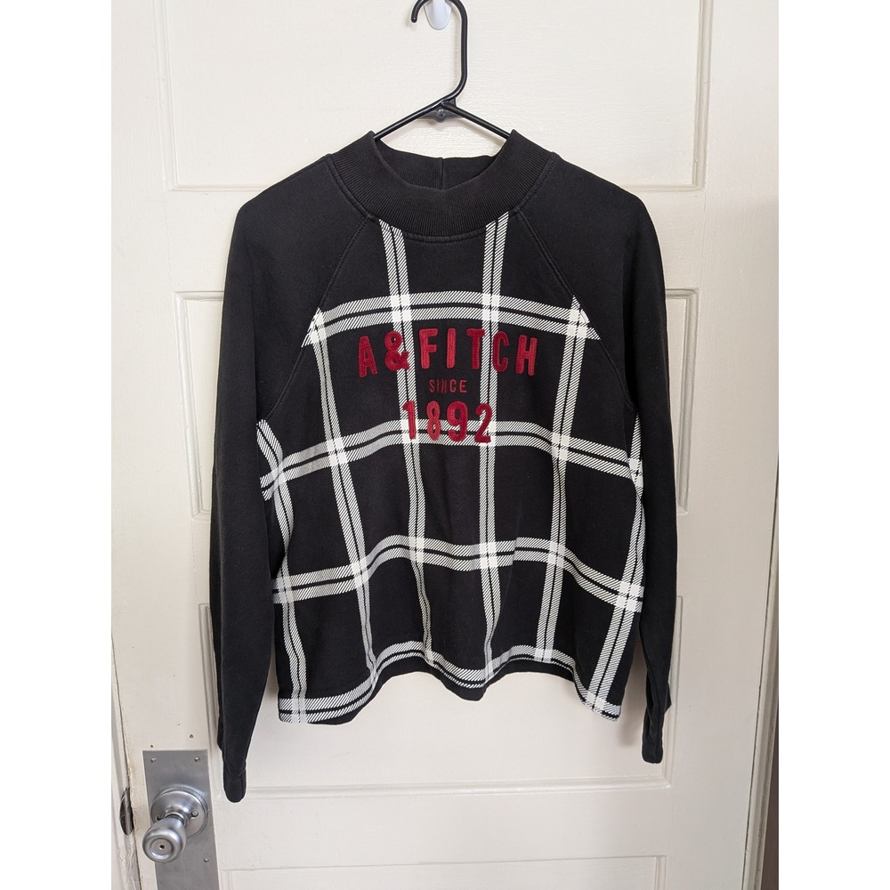 Abercrombie & Fitch Black Plaid Mock Neck Raglan Preppy Logo Sweatshirt Largeโ